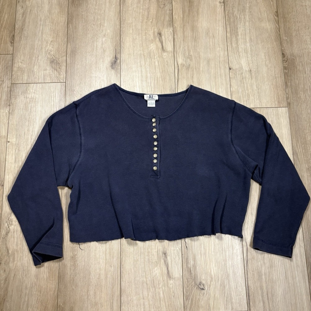 Women's Large Vintage American Eagle Blue Waffle Knit Long-sleeve Henley Shirt